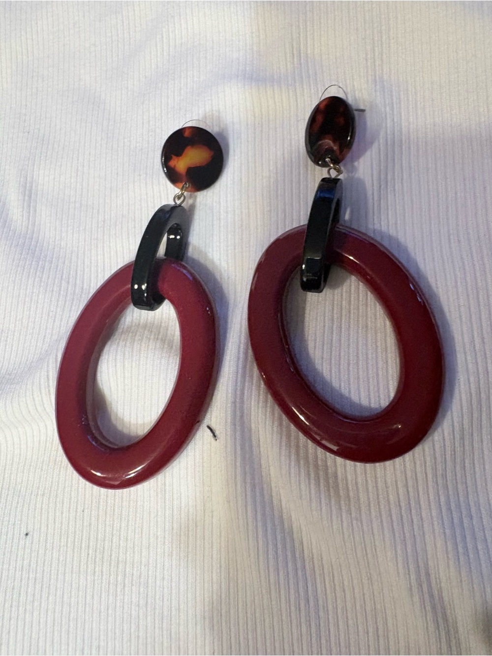 Burgundy Hoop Drop Earrings with Tortoiseshell Accent